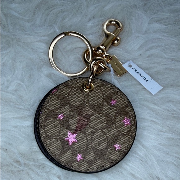 Coach Accessories - Coach NWT authentic leather keychain or bag charm mirror if open brown with pink